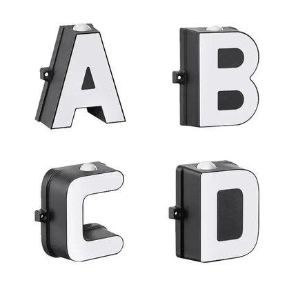 Black and white modern metallic led letter wall light featuring illuminated letters a b c and d for digital wall lamp decor