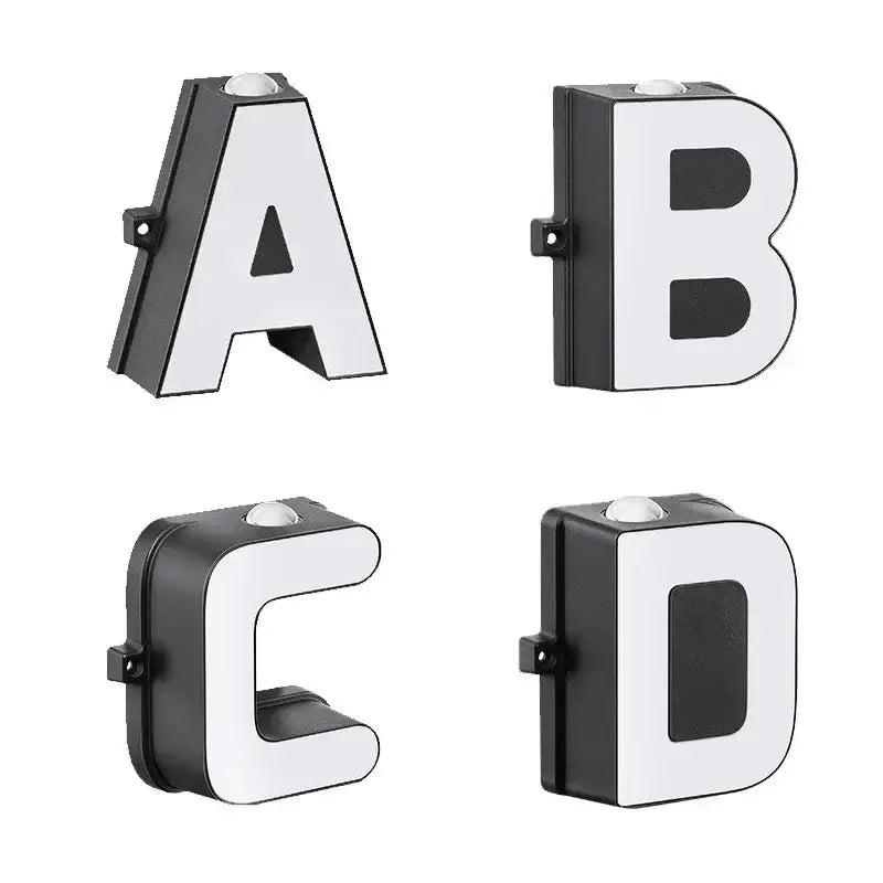 Black and white modern metallic led letter wall light featuring illuminated letters a b c and d for digital wall lamp decor