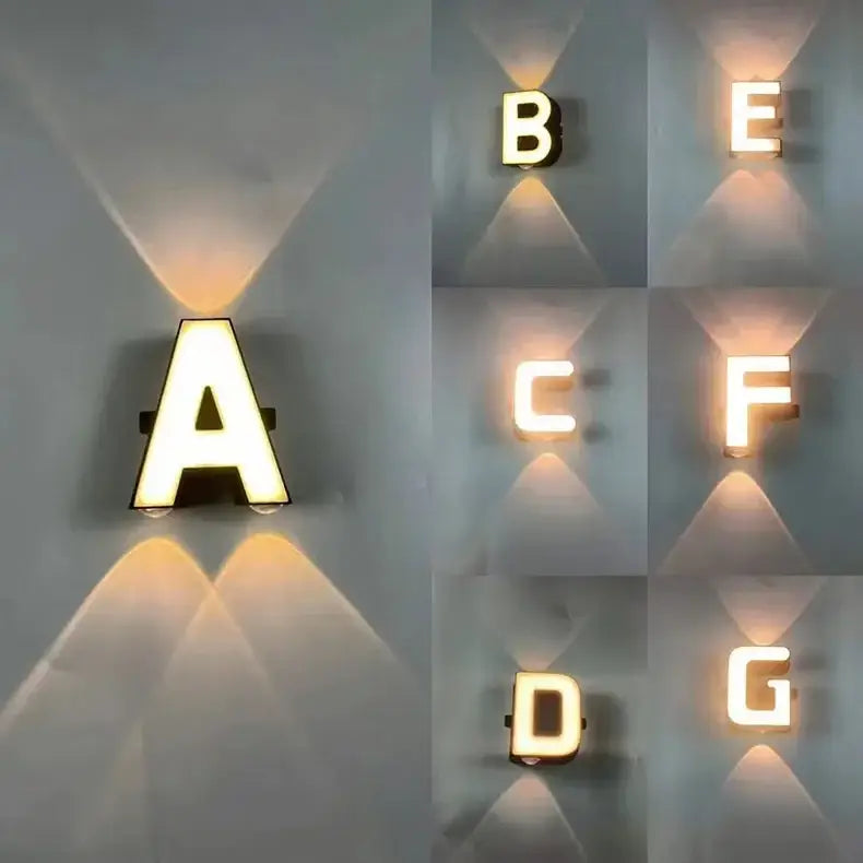 Modern metallic wall light featuring LED illuminated uppercase letters with warm glow for digital wall advertising