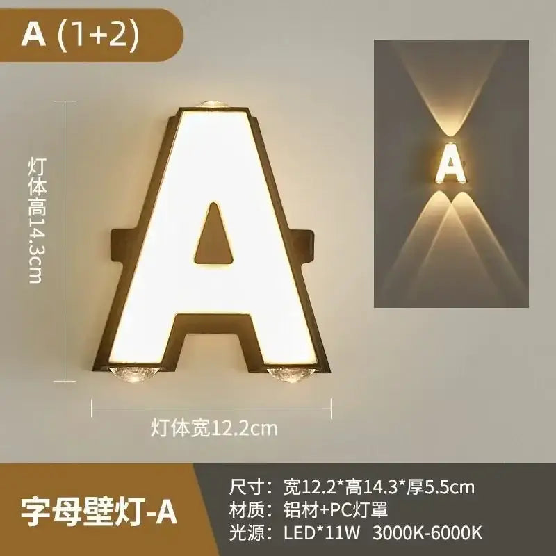 Modern metallic led wall light shaped like letter a with matte black aluminum frame and warm to cool white digital illumination