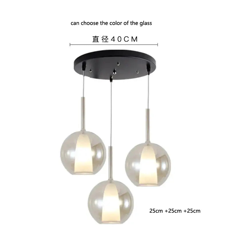 Modern metallic spherical designer glass chandelier pendant light with three black glass shades and circular ceiling mount