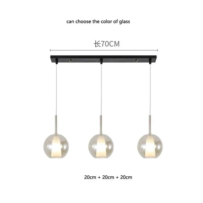 Modern metallic spherical designer glass chandelier with three glass pendant light shades on black bar for dining room decorbites designer glass