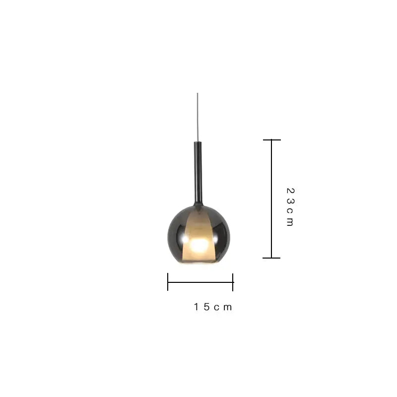 Modern metallic spherical designer glass chandelier pendant light with a glossy black spherical shade and slender stem