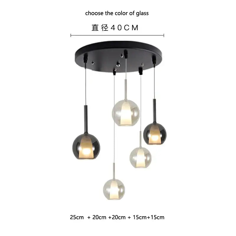 Modern metallic spherical designer glass chandelier featuring black and clear glass pendant light with circular mount