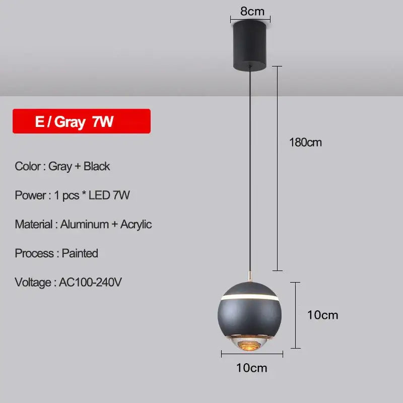 Gray and black spherical decorbites led pendant light with aluminum and acrylic design and 7w led bulb for modern spaces