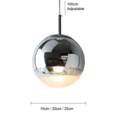 Chrome finished modern metallic ball pendant light with polished surface and adjustable 100cm chain for living room