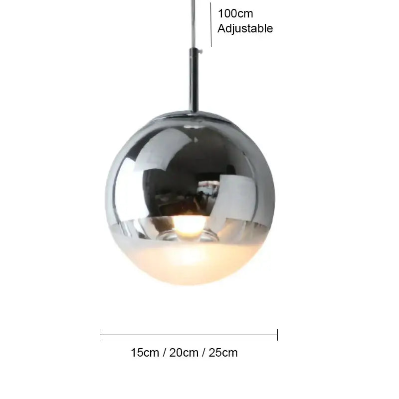 Chrome finished modern metallic ball pendant light with polished surface and adjustable 100cm chain for living room