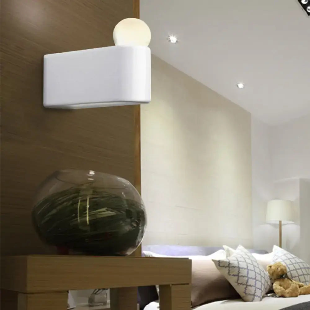 White rectangular wall lamp with milk glass spherical bulb for small medium bedroom sconcelight use