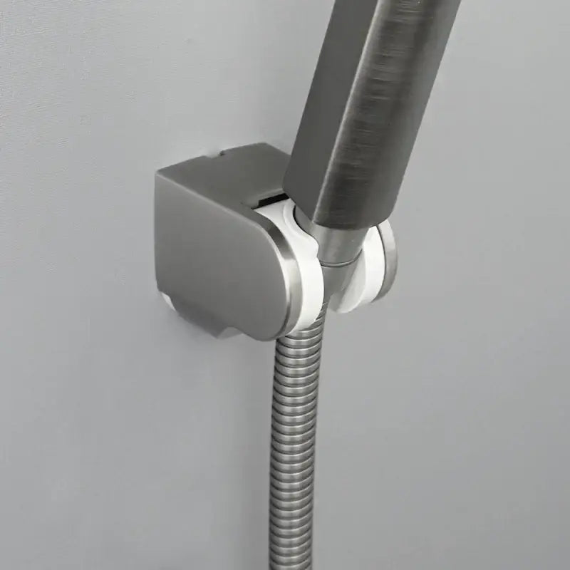 Modern minimalist adjustable shower head holder wall mount in brushed stainless steel with white plastic accents