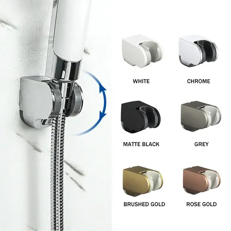 Modern minimalist chrome shower head holder with flexible braided hose and sleek adjustable bathroom wall mount