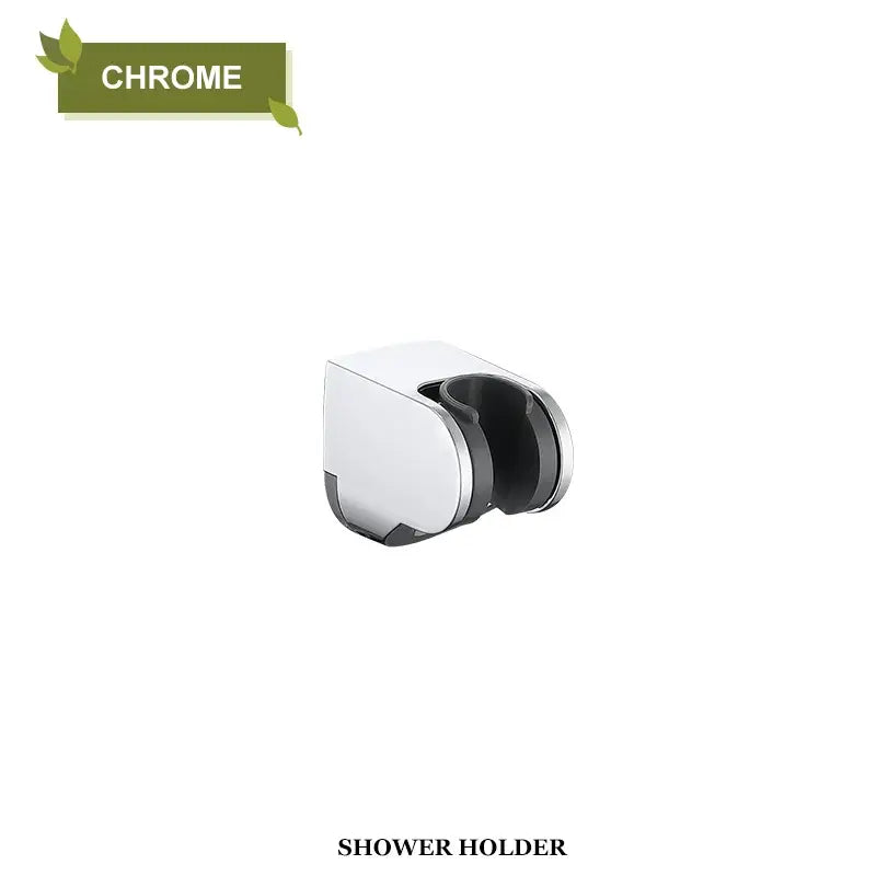 Modern minimalist adjustable shower head holder with chrome finish and black rubberized grip for bathroom wall mount