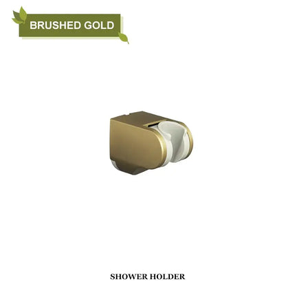 Modern minimalist brushed gold shower head holder with two white circular slots for towels or bath items wall mount