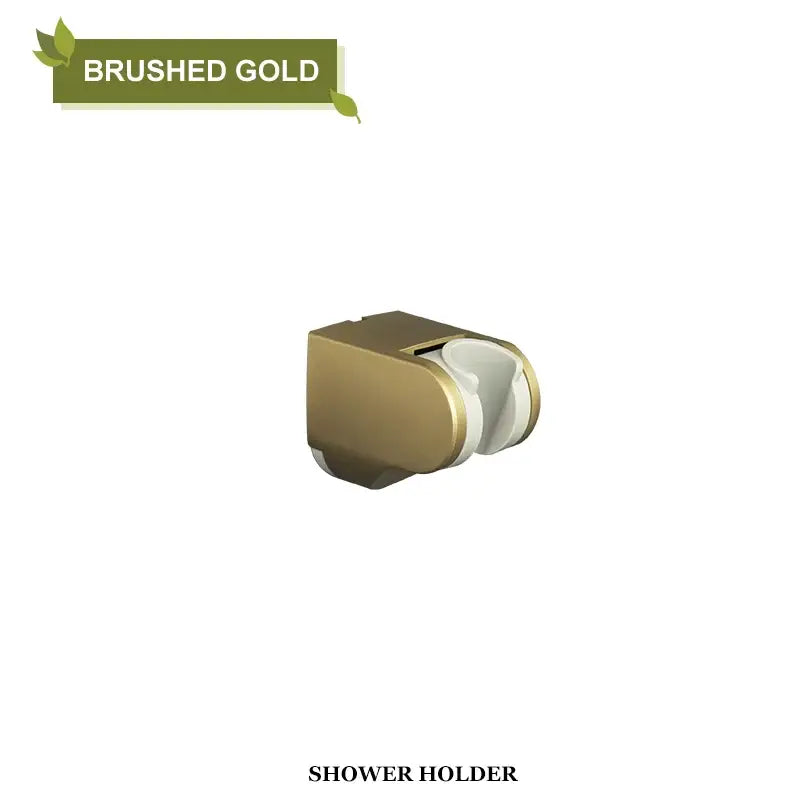 Modern minimalist brushed gold shower head holder with two white circular slots for towels or bath items wall mount