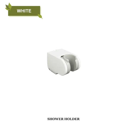 Modern minimalist white plastic shower head holder with curved ergonomic design for adjustable bathroom wall mount