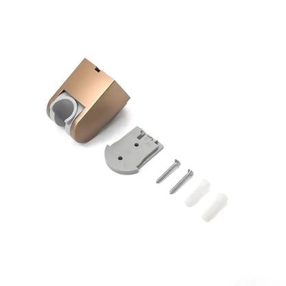 Modern minimalist adjustable gold metal shower head holder with gray plastic mounting plate and included screws for wall mount