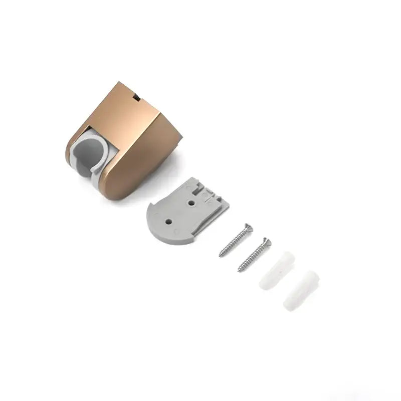 Modern minimalist adjustable gold metal shower head holder with gray plastic mounting plate and included screws for wall mount