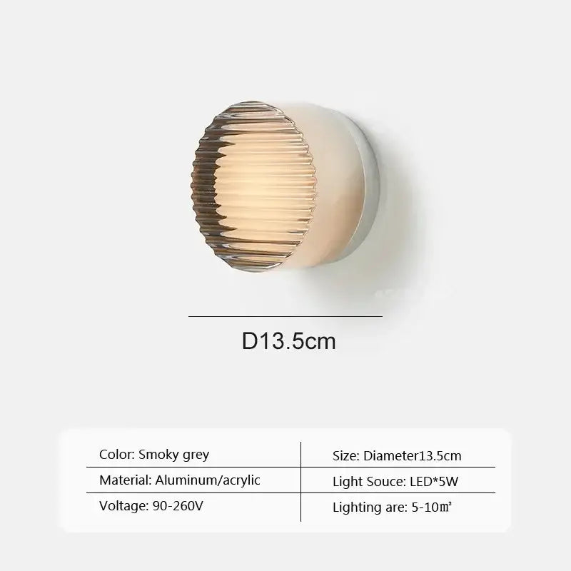 Modern minimalist smoky grey circular wall sconce with ribbed acrylic diffuser and aluminum base for bedroom decorbites amber jelly led