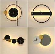 Modern minimalist backlit led wall clock sconce with black white and gold circular design for living room home decor