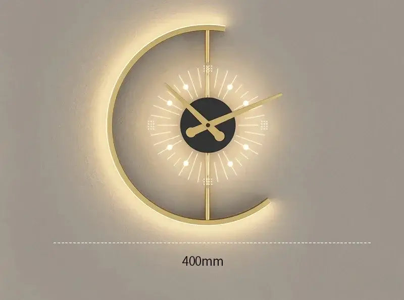 Modern minimalist crescent-shaped led wall clock sconce with gold metallic frame and black face for living room home decor