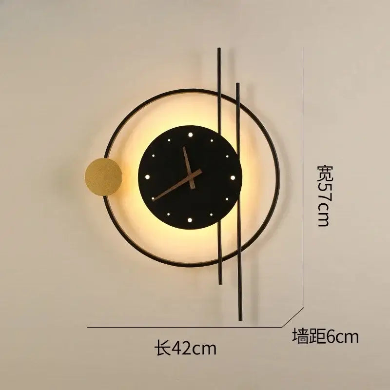 Modern black led wall clock sconce with glowing backlight and slender metallic hands for living room home decor