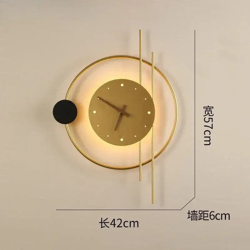 Modern minimalist backlit led wall clock sconce in gold tone with black accent for living room home decor