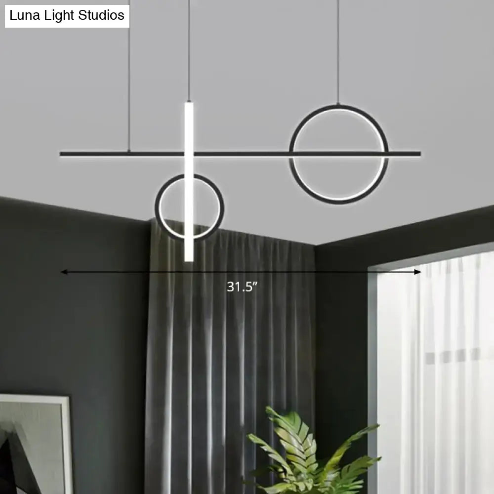 Modern black acrylic led pendant light with minimalist circular and rectangular illuminated geometric shapes by DecorBites