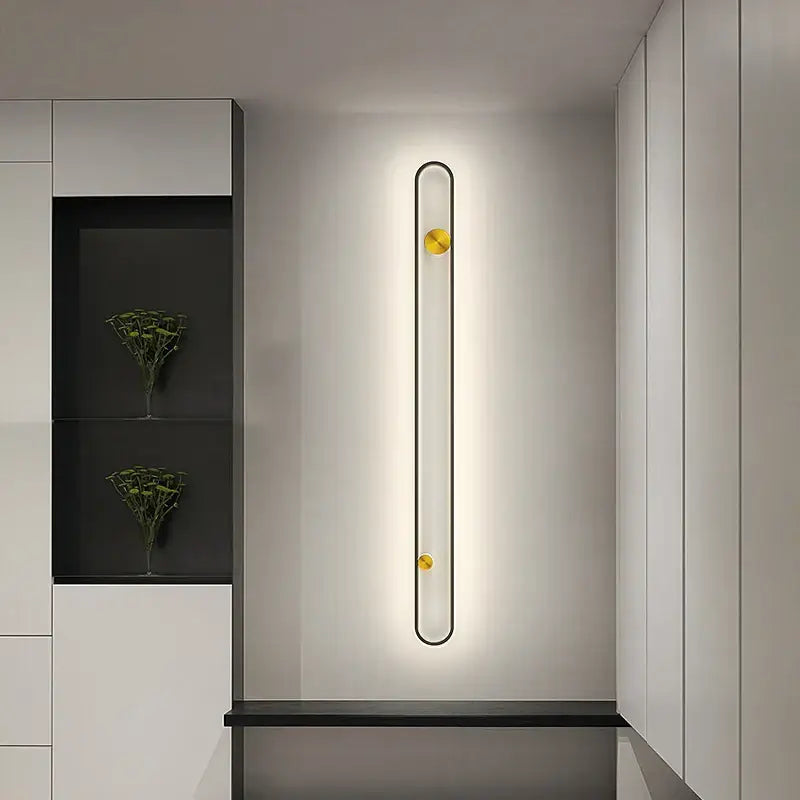 Modern minimalist black acrylic wall lamp with sleek metal frame and golden spherical accents for bedroom decorbites led black