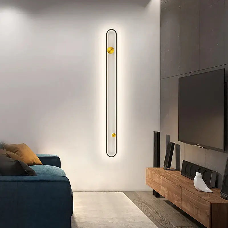 Modern minimalist black acrylic wall lamp with sleek frame and golden accents for bedroom and living room decorbites led black