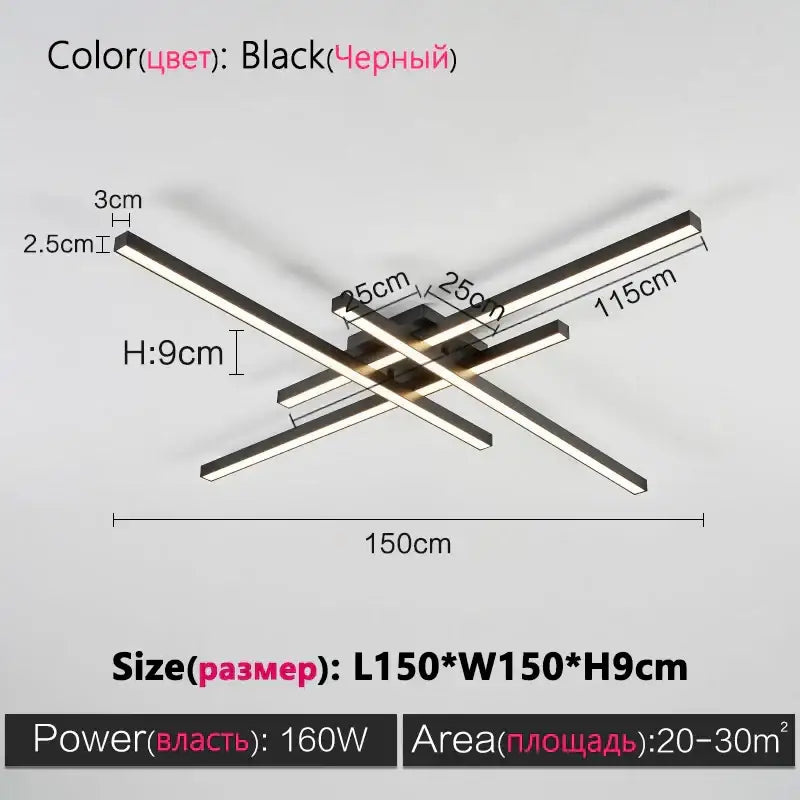 Modern minimalist decorbites black chandelier led ceiling lamp with sleek intersecting rectangular bars for living room decor