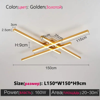 Modern minimalist black chandelier led ceiling light with golden cross-shaped metallic bars for living room decorbites black chandelier