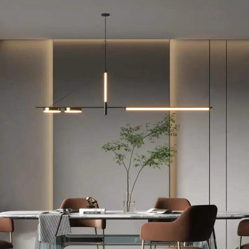Modern minimalist black chandelier pendant light with sleek metal frame and warm linear LED for dining room decorbites pendant lights