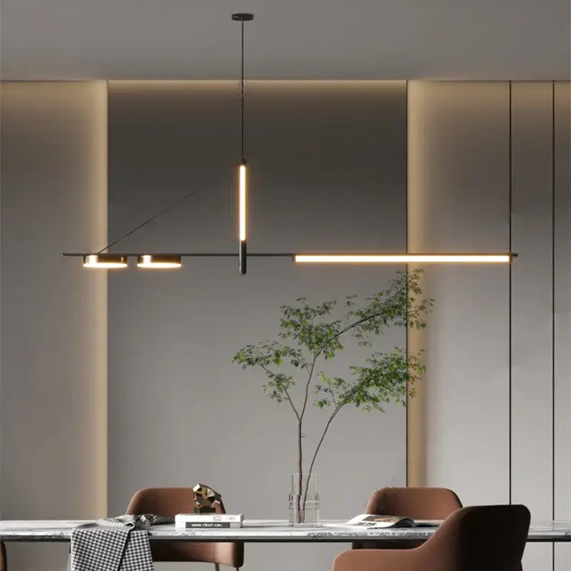 Modern minimalist black chandelier pendant light with sleek metal frame and warm led strip lighting for dining room decorbites pendant lights