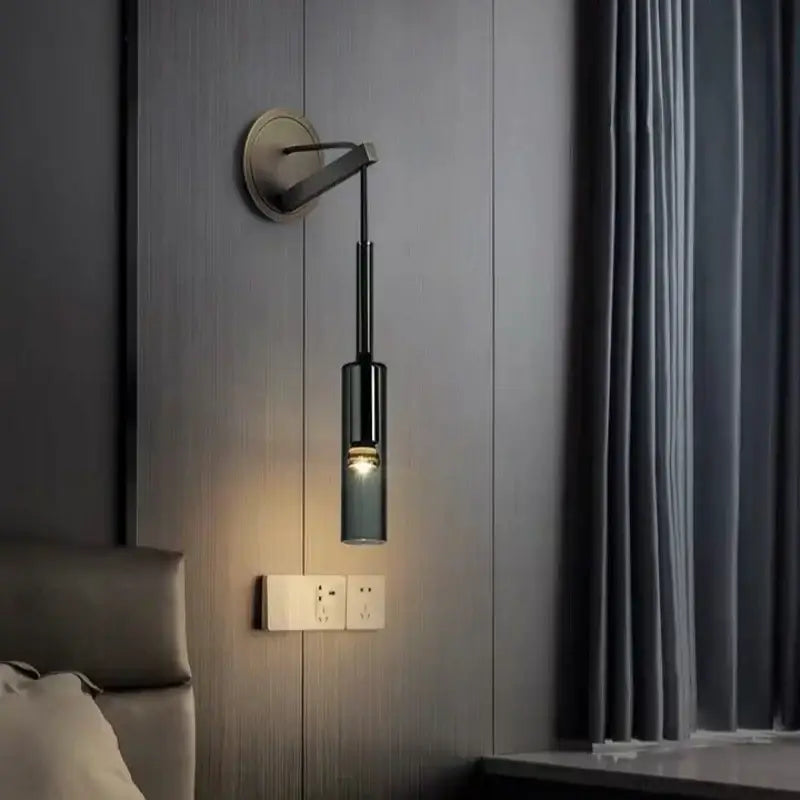 Modern minimalist black crystal wall lamp with brushed metal base and hanging glass shade for bedroom decorbites crystal wall lighting