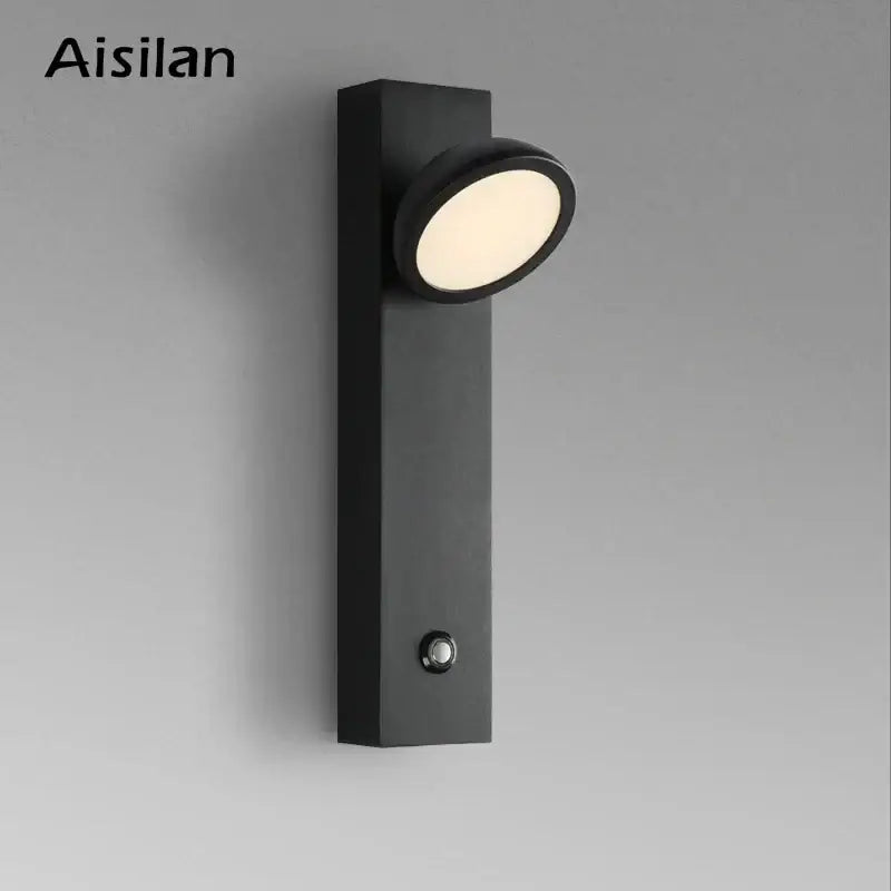 Modern minimalist black dimmable led wall lamp with sleek rectangular base and circular illuminated head for bedroom decorbites dimmable led
