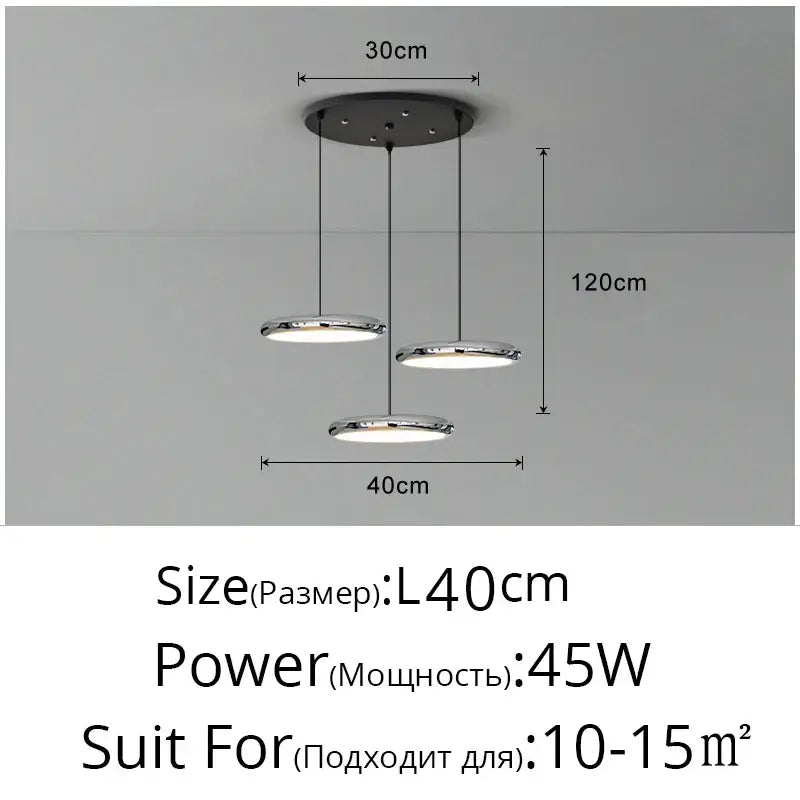 Modern minimalist pendant lights with three chrome discs and black finish cords for dining room decorbites black finish