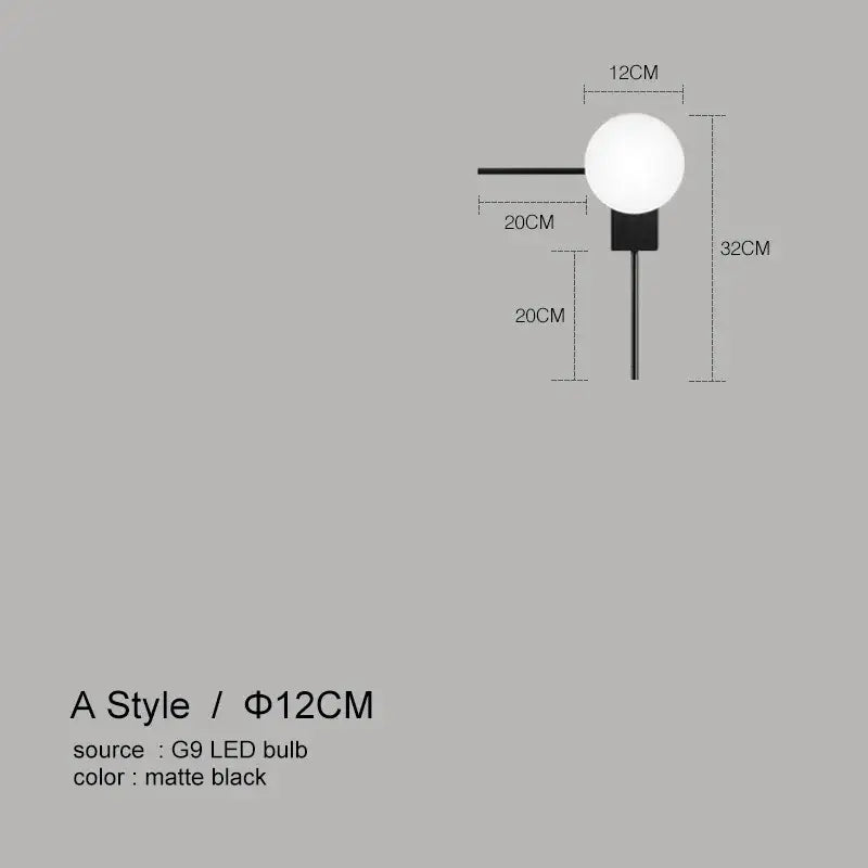 Modern minimalist wall lights featuring a matte black glass ball wall lamp with a 12cm spherical bulb for bedroom use