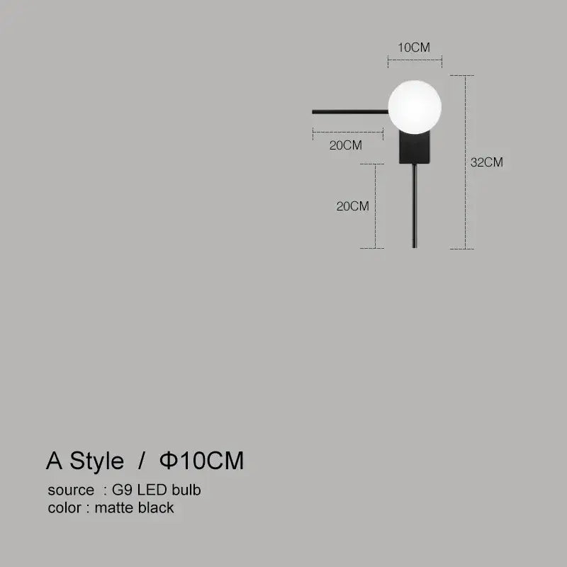 Modern minimalist wall lights featuring a matte black glass ball design with a spherical g9 bulb for bedroom use