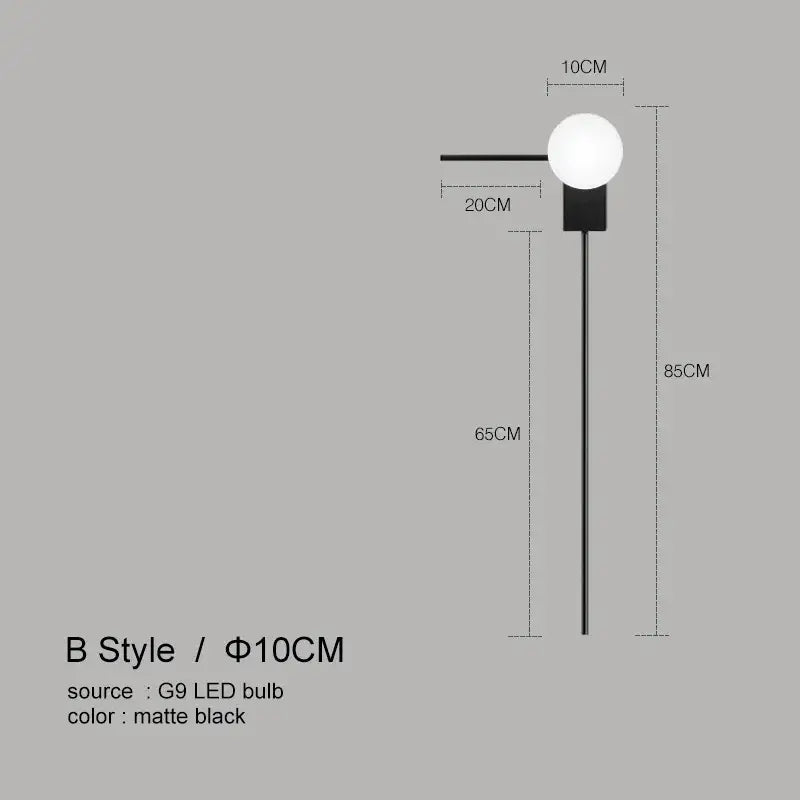Modern minimalist matte black glass ball wall lights with spherical white bulb for bedroom use