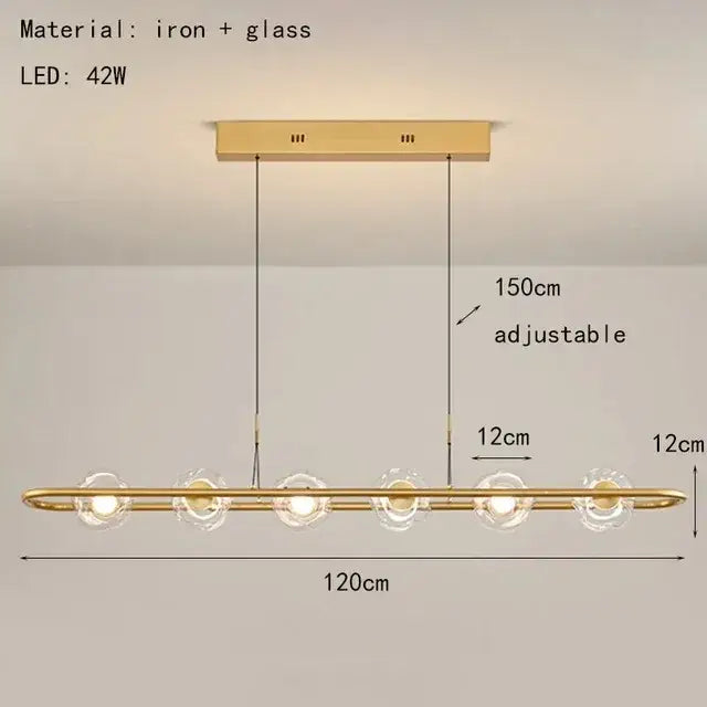 Gold-toned pendant light with five clear glass globe bulbs and adjustable iron frame glass led chandelier pendant for bedroom