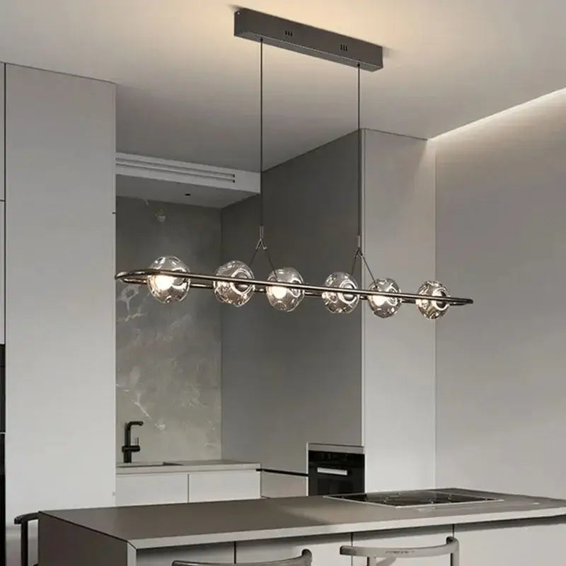 Modern minimalist black glass led chandelier pendant light with five clear globe bulbs for bedroom lighting