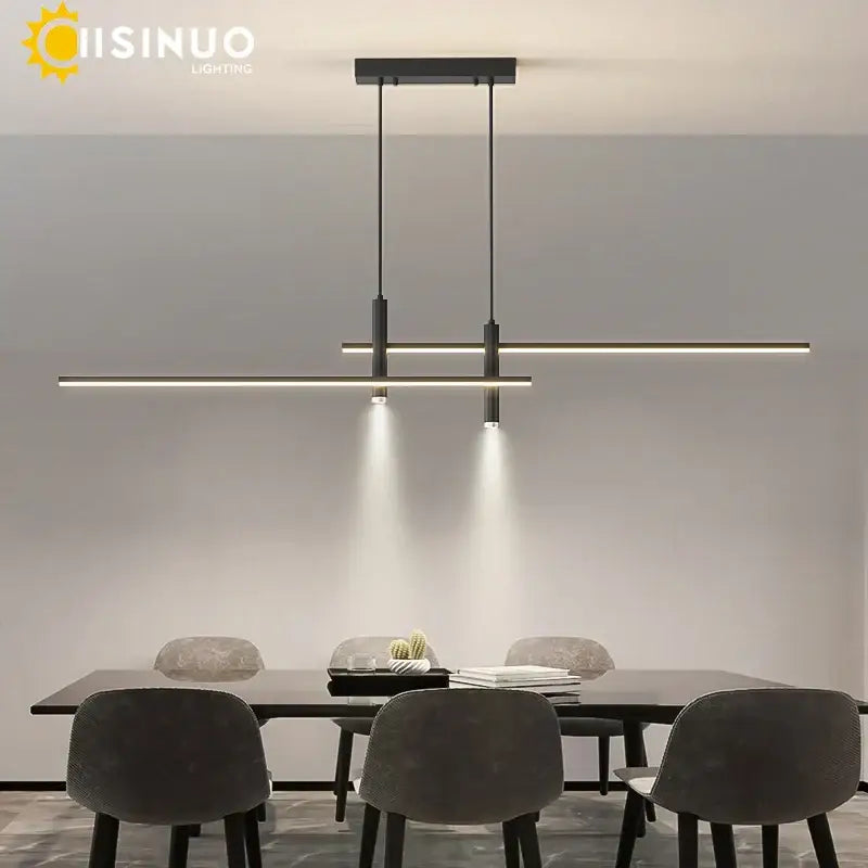 Modern minimalist black and gold adjustable led pendant light with two horizontal led bars for dining room decorbites decor