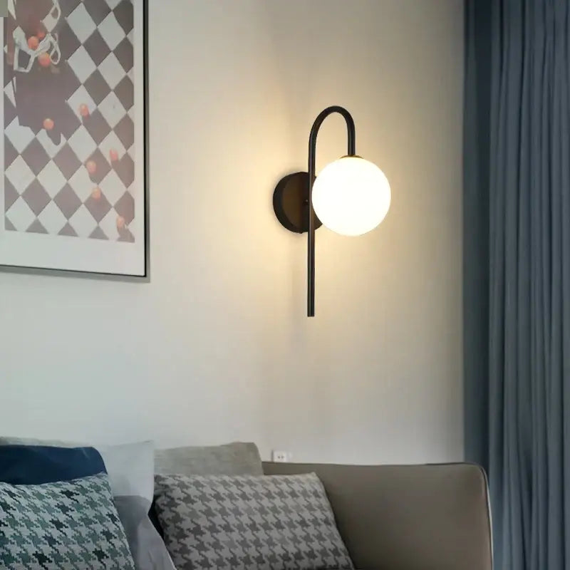 Modern minimalist black metal wall lamp with frosted glass globe shade led wall lamp for bedroom lighting