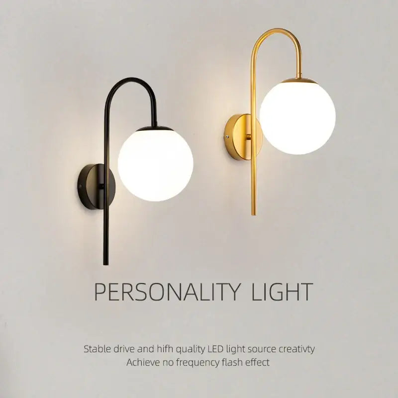 Modern minimalist black and gold frosted glass led wall lamp with sleek curved metal arms for bedroom lighting