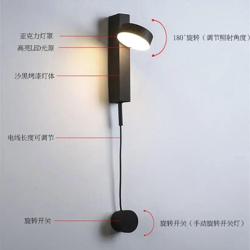 Modern minimalist black wall light sconce with gold t style, matte finish, curved acrylic shade, and adjustable rotation