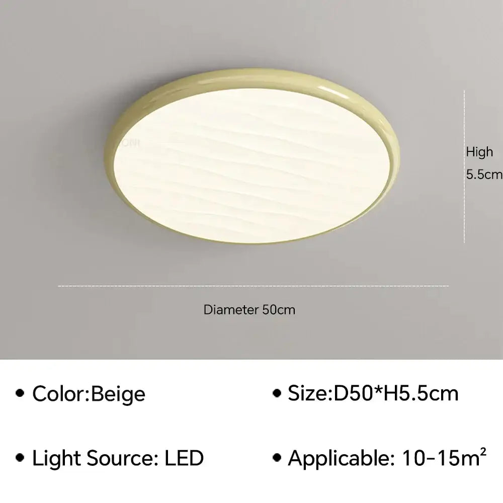 Beige circular decorbites led ceiling light with textured diffused surface and smooth edges for modern bedroom decor