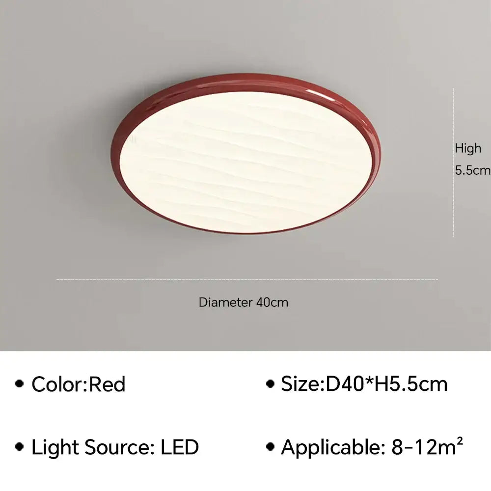 Modern minimalist black led ceiling light with red circular glossy frame and textured white diffuser by decorbites