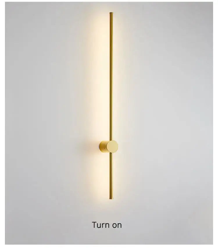 Modern minimalist black led strip wall lamp with gold-toned vertical rod and circular base for staircase lighting decorbites led strip