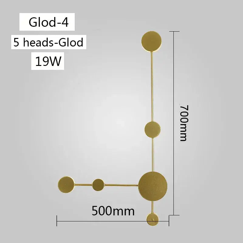 Gold-colored modern led wall lamp with five asymmetrical circular light heads for living space illumination