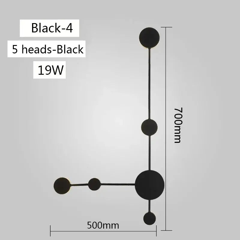 Black minimalist modern led wall lamp with five spherical light heads for living space geometric design