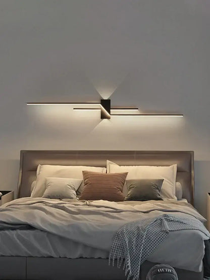 Modern minimalist black led wall lamp strip with sleek horizontal bars and geometric accent for living room walls